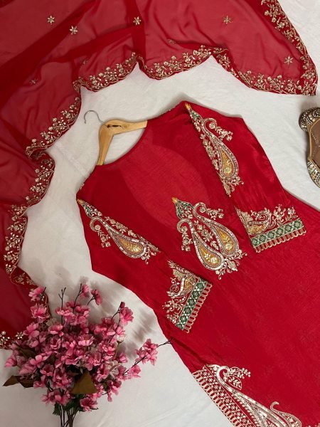 Advanced Quality Red Chinon Embroidered Kurti Blouse Pant Set with Georgette Dupatta Ready To Wear Collection