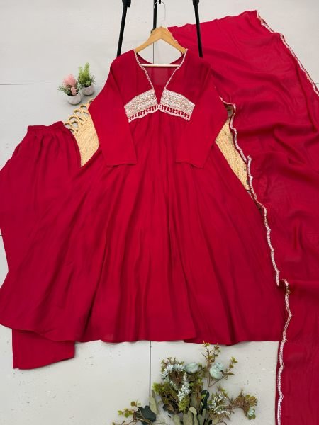 Advanced Red Premium French Crepe Embroidered Kurti with Heavy Palazzo 