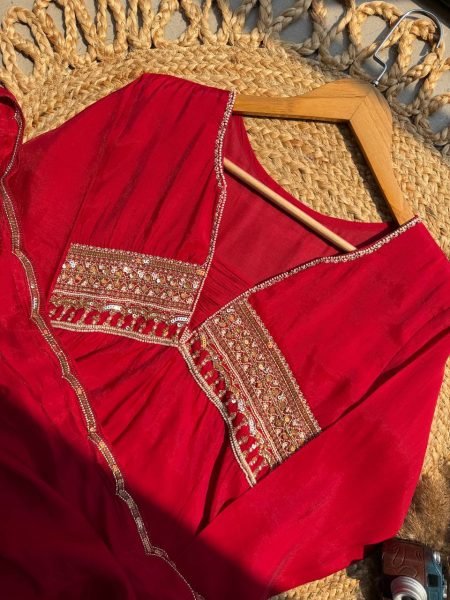 Advanced Red Premium French Crepe Embroidered Kurti with Heavy Palazzo Ready To Wear Collection