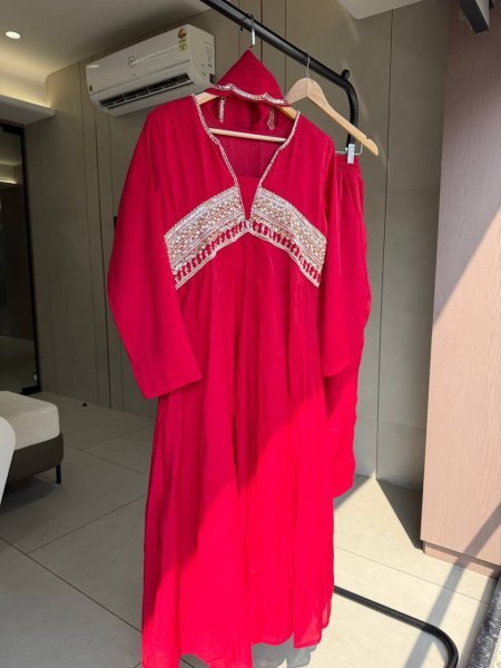 Advanced Red Premium French Crepe Embroidered Kurti with Heavy Palazzo Ready To Wear Collection