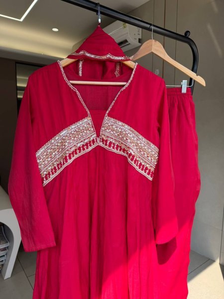 Advanced Red Premium French Crepe Embroidered Kurti with Heavy Palazzo Ready To Wear Collection