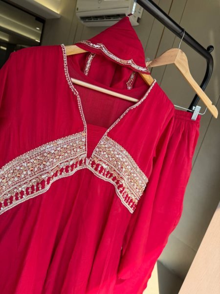 Advanced Red Premium French Crepe Embroidered Kurti with Heavy Palazzo Ready To Wear Collection