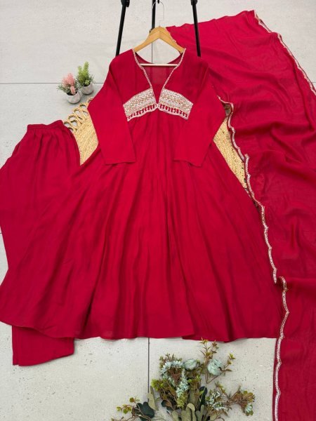 Advanced Red Premium French Crepe Embroidered Kurti with Heavy Palazzo Ready To Wear Collection