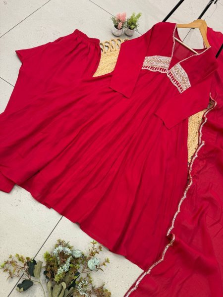 Advanced Red Premium French Crepe Embroidered Kurti with Heavy Palazzo Ready To Wear Collection