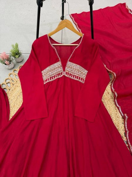 Advanced Red Premium French Crepe Embroidered Kurti with Heavy Palazzo Ready To Wear Collection