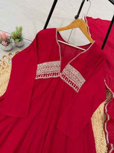 Advanced Red Premium French Crepe Embroidered Kurti with Heavy Palazzo Ready To Wear Collection