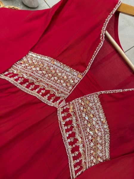 Advanced Red Premium French Crepe Embroidered Kurti with Heavy Palazzo Ready To Wear Collection