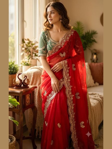 Advanced Red Premium Soft Frendy Satin Saree with Sequins and Zari Embroidery Sarees 