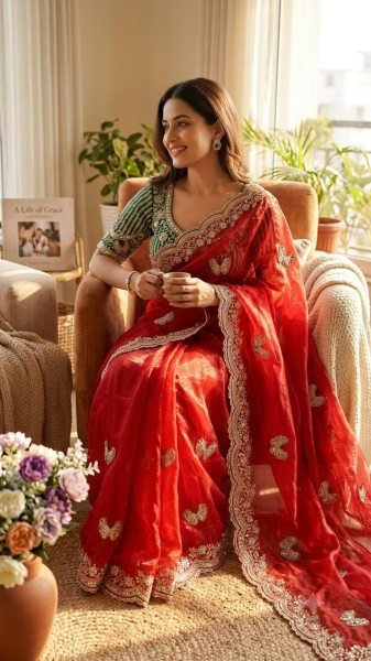Advanced Red Premium Soft Frendy Satin Saree with Sequins and Zari Embroidery Designer Wedding Sarees Wholesale