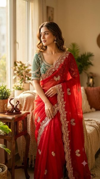 Advanced Red Premium Soft Frendy Satin Saree with Sequins and Zari Embroidery Designer Wedding Sarees Wholesale