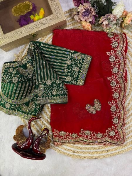 Advanced Red Premium Soft Frendy Satin Saree with Sequins and Zari Embroidery Designer Wedding Sarees Wholesale