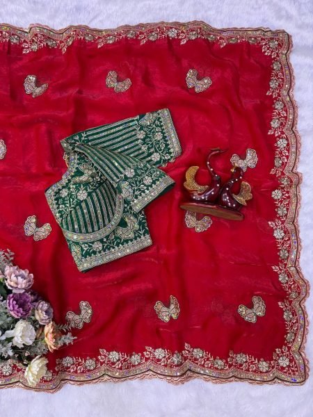 Advanced Red Premium Soft Frendy Satin Saree with Sequins and Zari Embroidery Designer Wedding Sarees Wholesale
