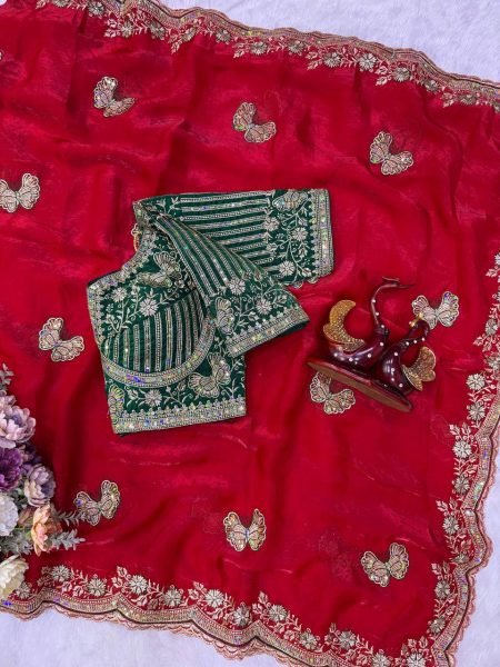 Advanced Red Premium Soft Frendy Satin Saree with Sequins and Zari Embroidery Designer Wedding Sarees Wholesale