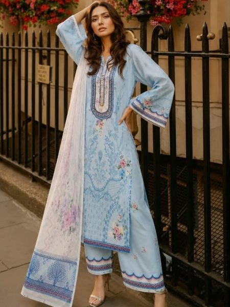 Advanced Sky Blue Designer Pure Viscose Fiona Print Long Kaftan with Palazzo for Pakistani Suit Salwar Kameez