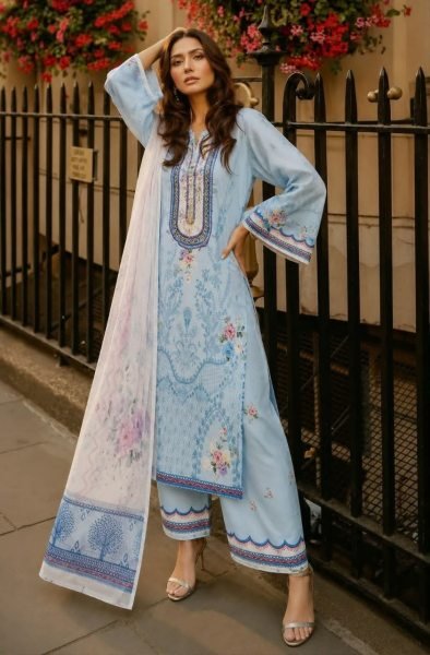 Advanced Sky Blue Designer Pure Viscose Fiona Print Long Kaftan with Palazzo for Pakistani Suit Pakistani Suits Wholesale