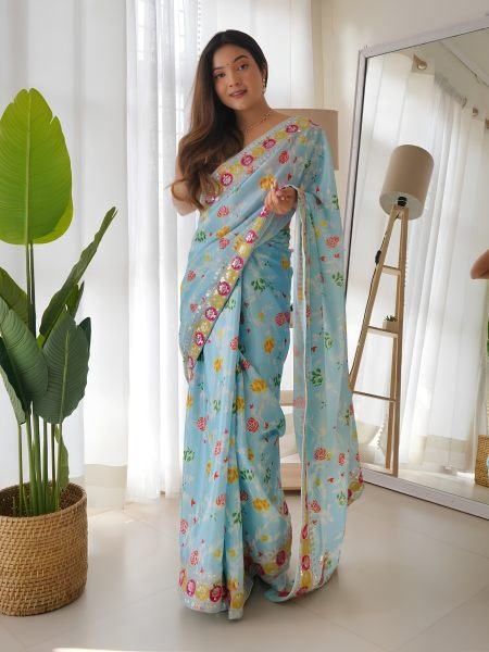 Advanced Sky Blue Floral Printed Chinon Silk Saree with Designer Pink Blouse For Party Sarees 