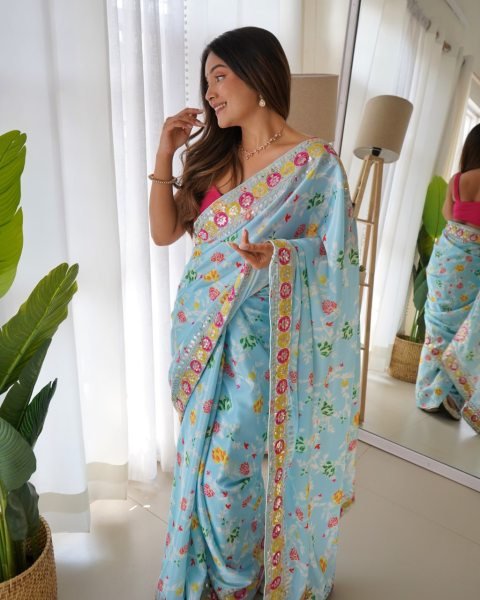 Advanced Sky Blue Floral Printed Chinon Silk Saree with Designer Pink Blouse For Party Silk Sarees Wholesale