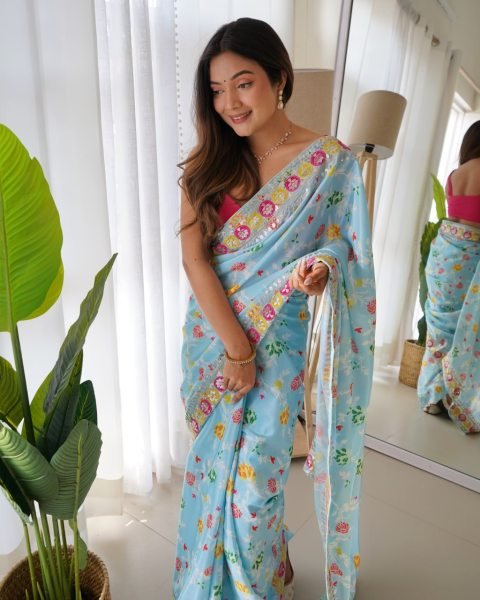 Advanced Sky Blue Floral Printed Chinon Silk Saree with Designer Pink Blouse For Party Silk Sarees Wholesale