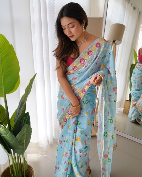 Advanced Sky Blue Floral Printed Chinon Silk Saree with Designer Pink Blouse For Party Silk Sarees Wholesale