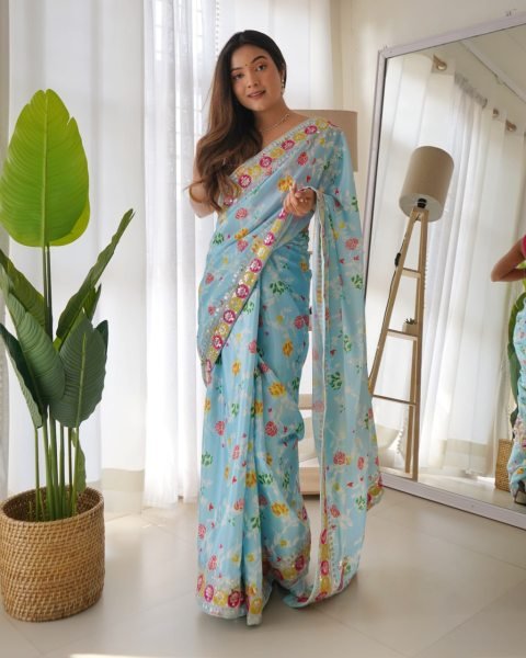 Advanced Sky Blue Floral Printed Chinon Silk Saree with Designer Pink Blouse For Party Silk Sarees Wholesale
