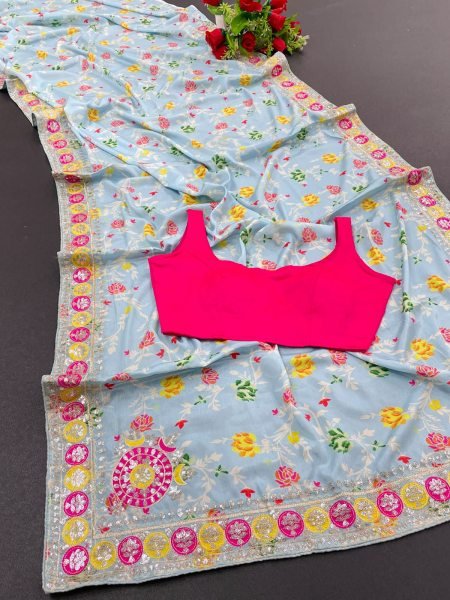 Advanced Sky Blue Floral Printed Chinon Silk Saree with Designer Pink Blouse For Party Silk Sarees Wholesale