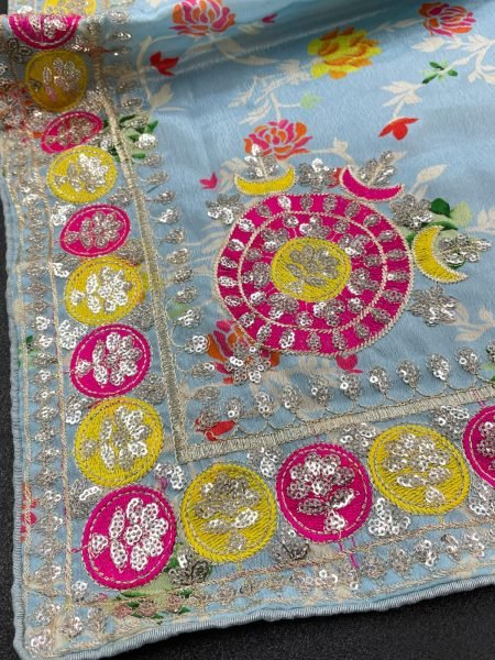 Advanced Sky Blue Floral Printed Chinon Silk Saree with Designer Pink Blouse For Party Silk Sarees Wholesale