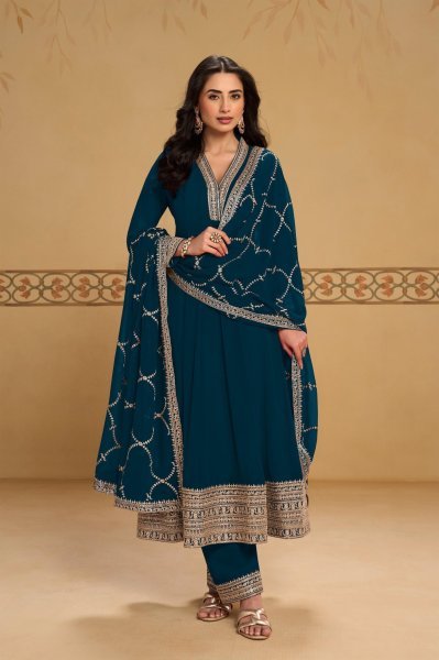 Advanced TealGreen Real Georgette Mehfil Collection with Embroidered Dupatta Anarakali Gown Wholesale