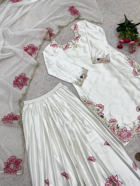 Advanced White Devsena Silk Farshi Salwar Suit with Heavy Embroidery Sequins Work Ready To Wear Collection