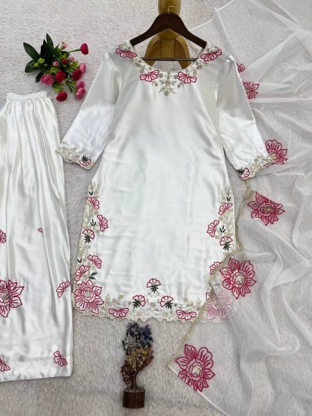 Advanced White Devsena Silk Farshi Salwar Suit with Heavy Embroidery Sequins Work Ready To Wear Collection