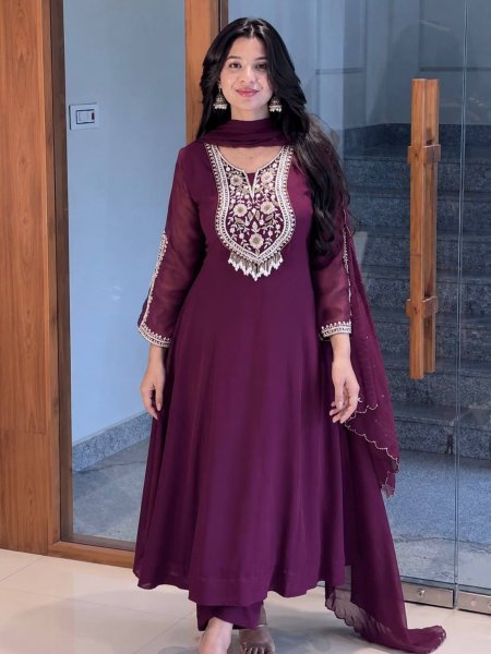 Advanced Wine Purple Faux Georgette Anarkali Gown Set with Embroidered Dupatta 