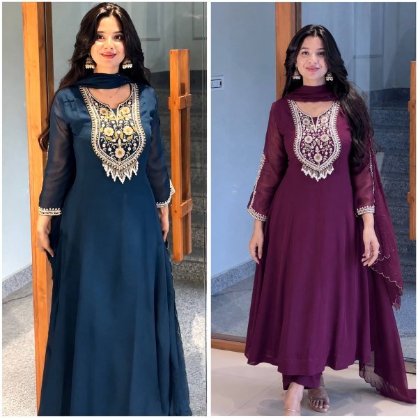 Advanced Wine Purple Faux Georgette Anarkali Gown Set with Embroidered Dupatta Ready To Wear Collection