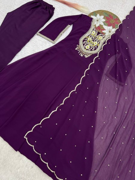 Advanced Wine Purple Faux Georgette Anarkali Gown Set with Embroidered Dupatta Ready To Wear Collection