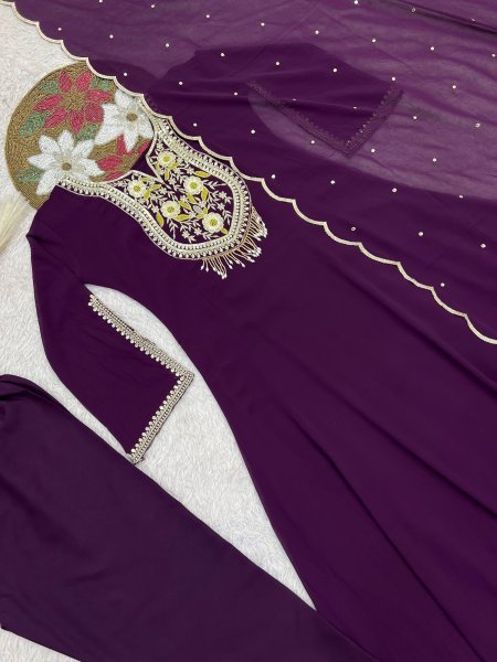Advanced Wine Purple Faux Georgette Anarkali Gown Set with Embroidered Dupatta Ready To Wear Collection