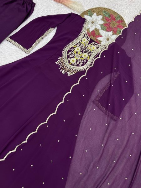 Advanced Wine Purple Faux Georgette Anarkali Gown Set with Embroidered Dupatta Ready To Wear Collection