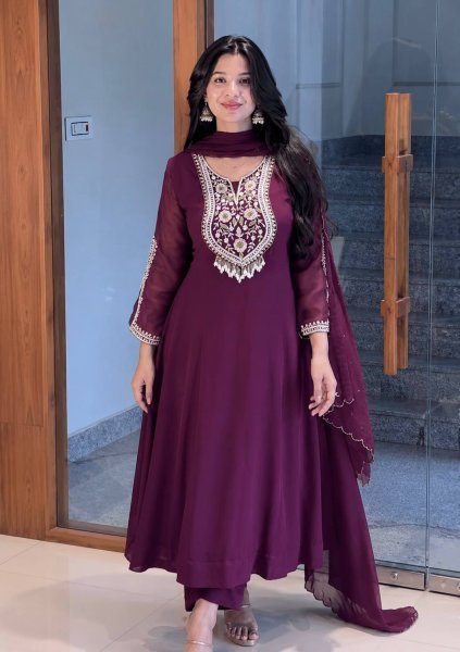 Advanced Wine Purple Faux Georgette Anarkali Gown Set with Embroidered Dupatta Ready To Wear Collection