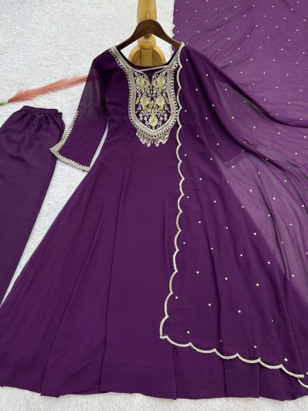Advanced Wine Purple Faux Georgette Anarkali Gown Set with Embroidered Dupatta Ready To Wear Collection