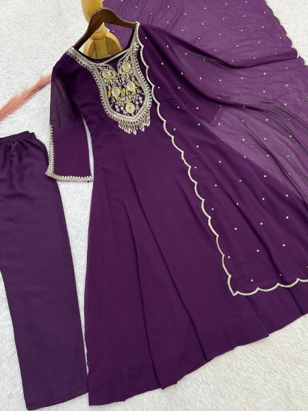 Advanced Wine Purple Faux Georgette Anarkali Gown Set with Embroidered Dupatta Ready To Wear Collection