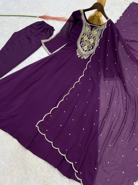 Advanced Wine Purple Faux Georgette Anarkali Gown Set with Embroidered Dupatta Ready To Wear Collection