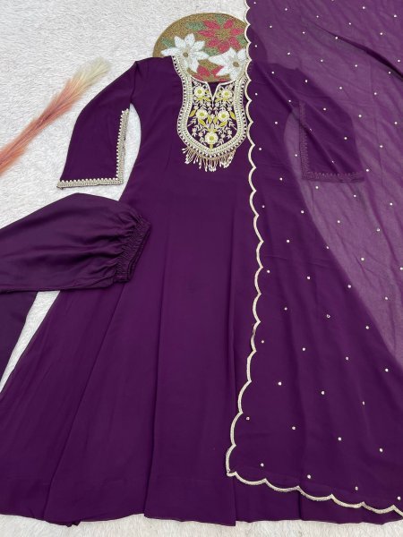 Advanced Wine Purple Faux Georgette Anarkali Gown Set with Embroidered Dupatta Ready To Wear Collection