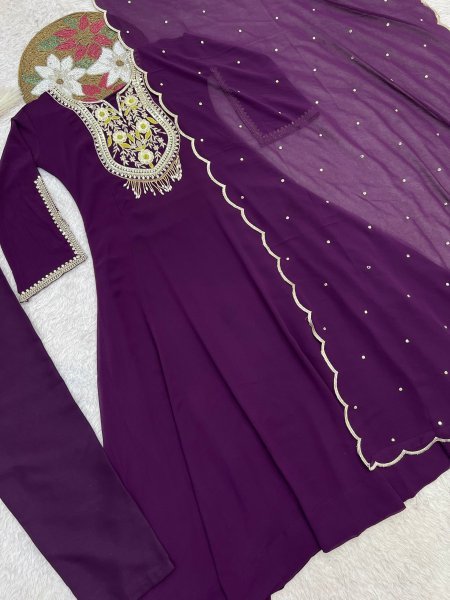 Advanced Wine Purple Faux Georgette Anarkali Gown Set with Embroidered Dupatta Ready To Wear Collection