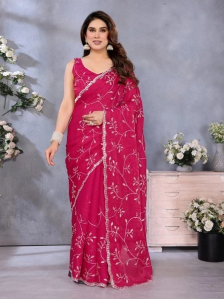 Aesthetic Pink Glossy Soft Silk Embroidered Saree for Party Wear Embroidery Sarees Wholesale