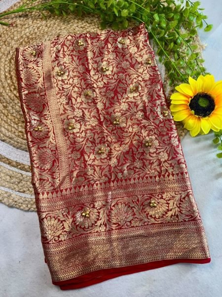 Affluent Red New Kanjivaram Bandhani Cotton Silk Saree with Ghungroo Work Silk Sarees Wholesale