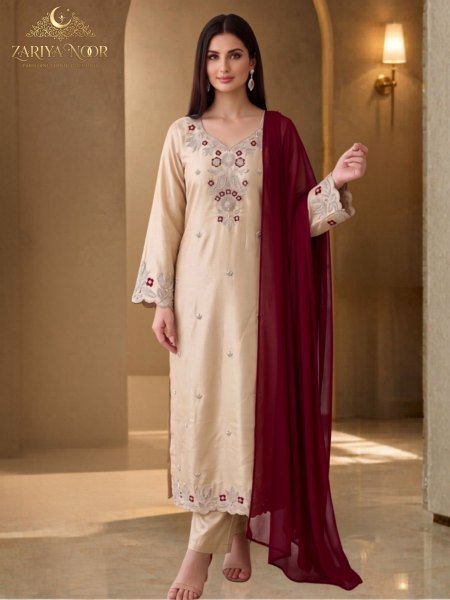 Affordable Beige Zariya Noor Rooh Pakistani Heavy Beads Work Roman Silk Salwar Suit 