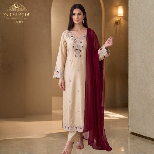 Affordable Beige Zariya Noor Rooh Pakistani Heavy Beads Work Roman Silk Salwar Suit Pakistani Suits Wholesale