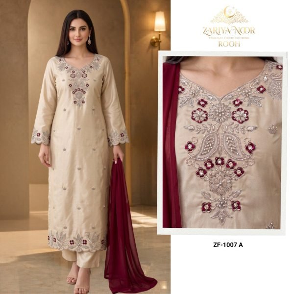 Affordable Beige Zariya Noor Rooh Pakistani Heavy Beads Work Roman Silk Salwar Suit Pakistani Suits Wholesale
