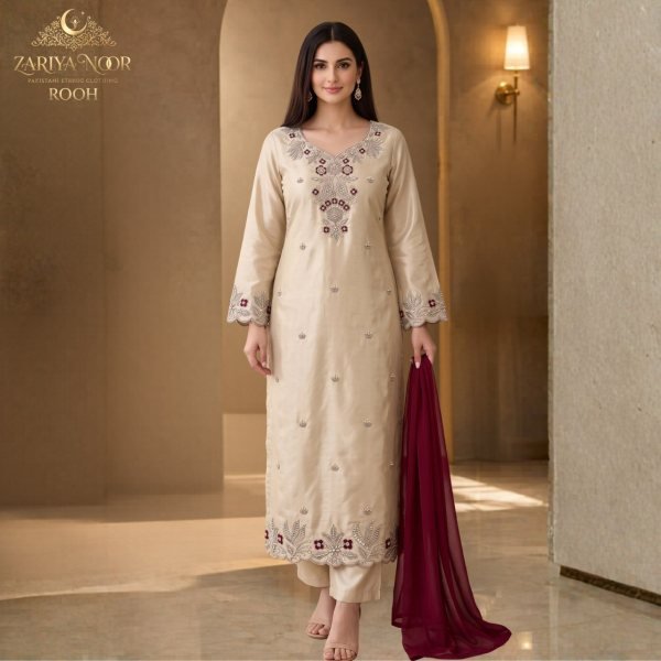 Affordable Beige Zariya Noor Rooh Pakistani Heavy Beads Work Roman Silk Salwar Suit Pakistani Suits Wholesale