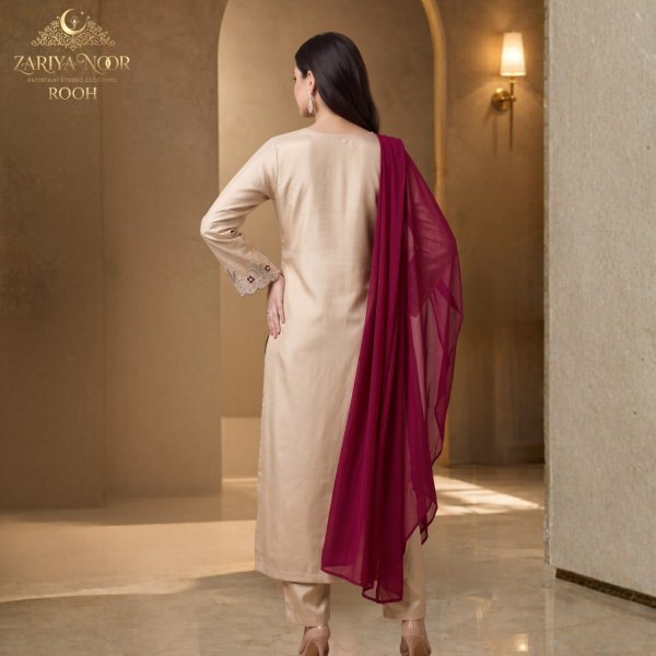 Affordable Beige Zariya Noor Rooh Pakistani Heavy Beads Work Roman Silk Salwar Suit Pakistani Suits Wholesale