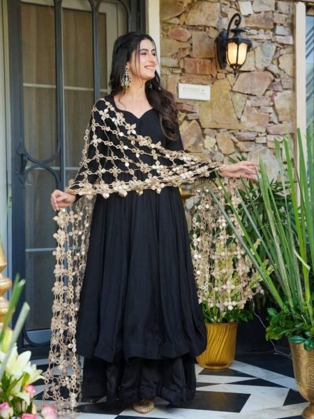 Affordable Black Anarkali Suit with Viral Mirror Work Dupatta for Festive Wear 
