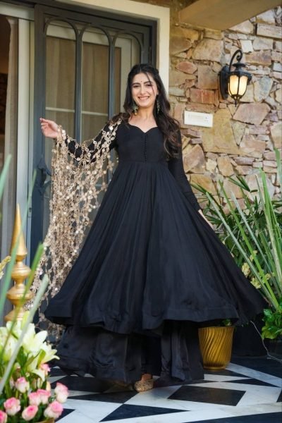 Affordable Black Anarkali Suit with Viral Mirror Work Dupatta for Festive Wear Ready To Wear Collection