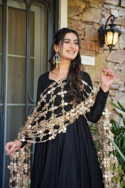 Affordable Black Anarkali Suit with Viral Mirror Work Dupatta for Festive Wear Ready To Wear Collection
